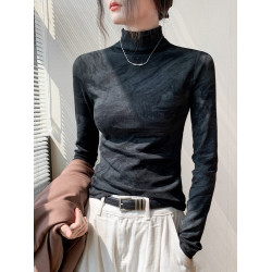 紥染水墨畫半高領長袖T恤女秋冬季新款設計感印花修身內搭打底衫