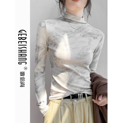 紥染水墨畫半高領長袖T恤女秋冬季新款設計感印花修身內搭打底衫