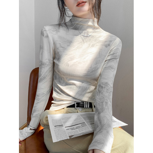 紥染水墨畫半高領長袖T恤女秋冬季新款設計感印花修身內搭打底衫