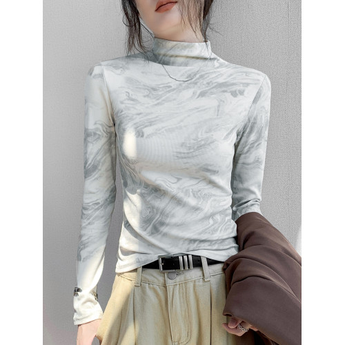 紥染水墨畫半高領長袖T恤女秋冬季新款設計感印花修身內搭打底衫