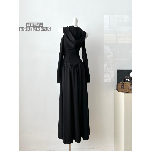 萬聖節設計感哥特暗黑沙丘廢土風長袖連衣裙女巫連帽收腰黑色長裙