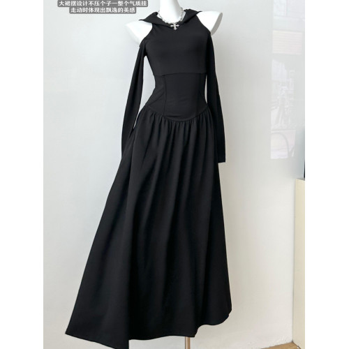 萬聖節設計感哥特暗黑沙丘廢土風長袖連衣裙女巫連帽收腰黑色長裙