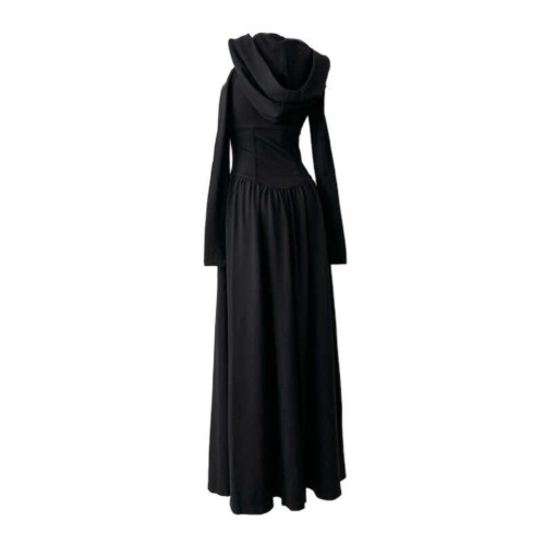 萬聖節設計感哥特暗黑沙丘廢土風長袖連衣裙女巫連帽收腰黑色長裙