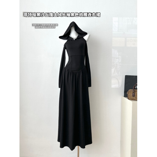 萬聖節設計感哥特暗黑沙丘廢土風長袖連衣裙女巫連帽收腰黑色長裙