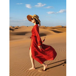 新疆大西北埃及沙漠旅行穿搭拍照長裙女秋紅色長袖海邊度假連衣裙