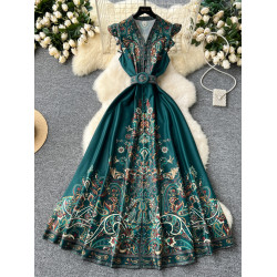 歐美裙子高級氣質小飛袖收腰V領單排釦印花禮服裙復古長款連衣裙