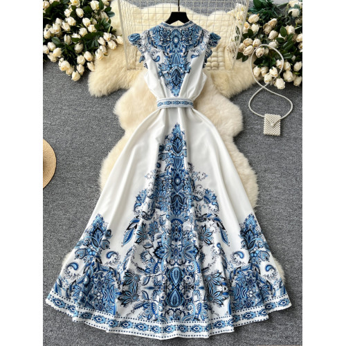 歐美裙子高級氣質小飛袖收腰V領單排釦印花禮服裙復古長款連衣裙