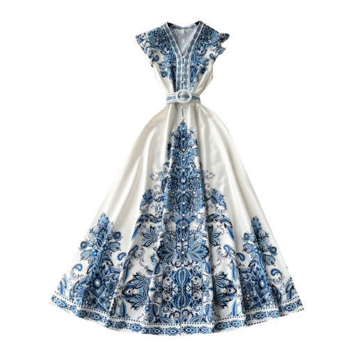 歐美裙子高級氣質小飛袖收腰V領單排釦印花禮服裙復古長款連衣裙