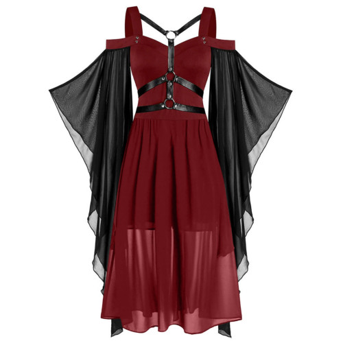 大碼女裝哥特式不規則萬聖節女巫吊帶綁帶喇叭袖大擺連衣裙S-5XL