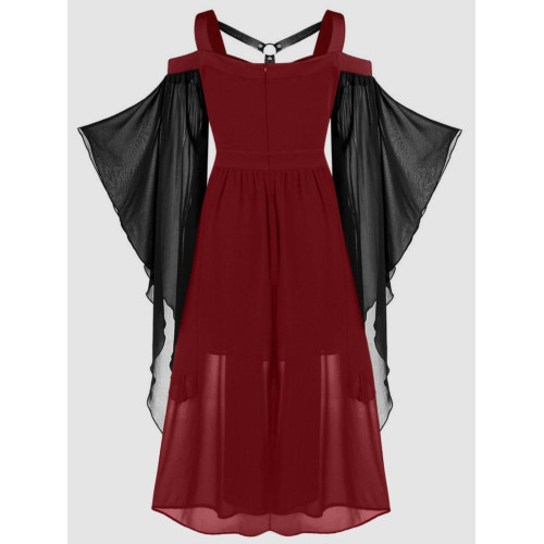 大碼女裝哥特式不規則萬聖節女巫吊帶綁帶喇叭袖大擺連衣裙S-5XL