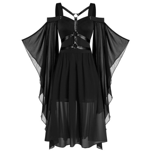 大碼女裝哥特式不規則萬聖節女巫吊帶綁帶喇叭袖大擺連衣裙S-5XL