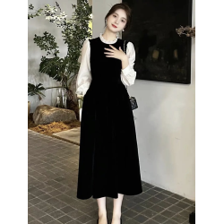 2025秋季女新款氣質拼接中長款連衣裙法式百搭收腰顯瘦打底裙子