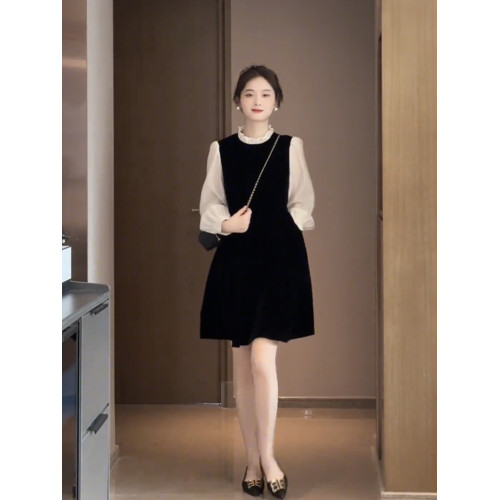 2025秋季女新款氣質拼接中長款連衣裙法式百搭收腰顯瘦打底裙子