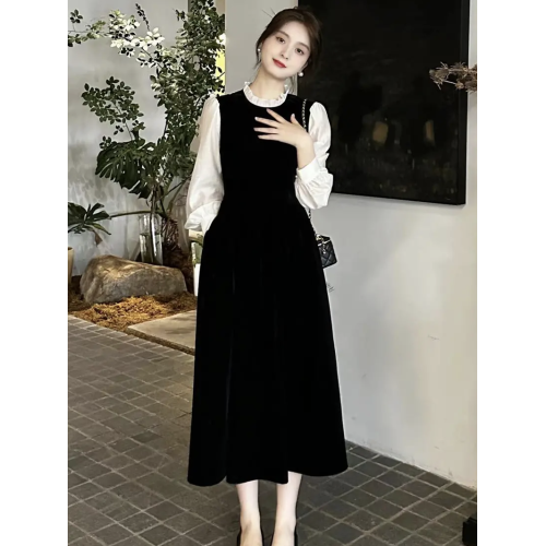 2025秋季女新款氣質拼接中長款連衣裙法式百搭收腰顯瘦打底裙子