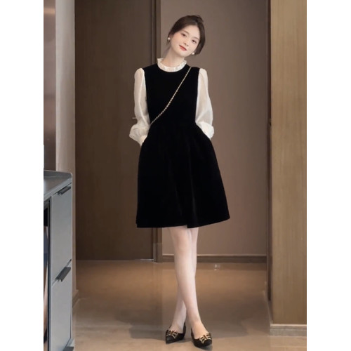 2025秋季女新款氣質拼接中長款連衣裙法式百搭收腰顯瘦打底裙子