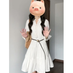 法式茶歇白色系帶V領腰帶鏤空連衣裙子女夏收腰顯瘦2025早秋新款