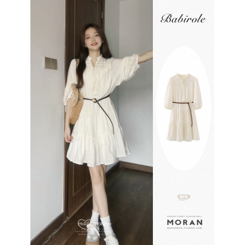 法式茶歇白色系帶V領腰帶鏤空連衣裙子女夏收腰顯瘦2025早秋新款