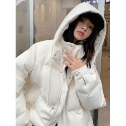 免洗PU皮白色羽絨服女2025年冬季新寬松連帽明星同款皮衣短款外套