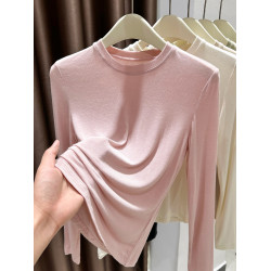 粉色圓領莫代爾打底衫女2025新款春秋冬內搭超彈皮膚長袖t恤上衣