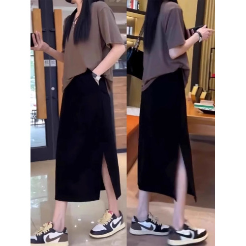 開叉包臀半身裙女夏季新款200斤胖mm梨型身材高腰寬松顯瘦小黑裙3