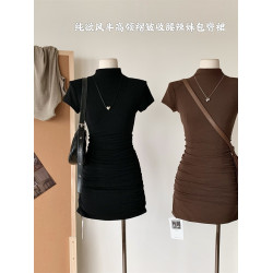 韓版溫柔輕熟高領修身打底T恤連衣裙2025春夏新款短袖包臀短裙女