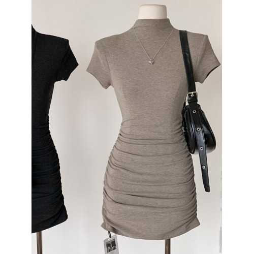 韓版溫柔輕熟高領修身打底T恤連衣裙2025春夏新款短袖包臀短裙女 韓版溫柔輕熟高領修身打底T恤連衣裙2025春夏新款短袖包臀短裙女