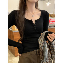 今年流行爆款超級顯瘦U領紐釦螺紋修身長袖T恤女秋季潮酷內搭上衣