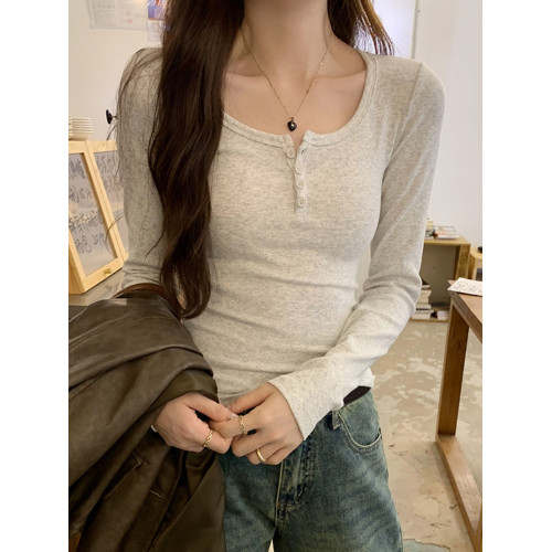 今年流行爆款超級顯瘦U領紐釦螺紋修身長袖T恤女秋季潮酷內搭上衣