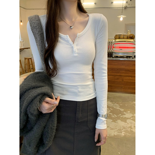 今年流行爆款超級顯瘦U領紐釦螺紋修身長袖T恤女秋季潮酷內搭上衣