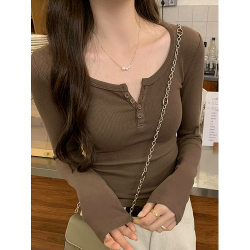 今年流行爆款超級顯瘦U領紐釦螺紋修身長袖T恤女秋季潮酷內搭上衣