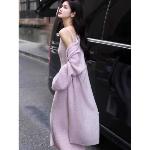 法式溫柔風奶系穿搭毛衣針織連衣裙套裝春秋開衫吊帶長裙兩件套女