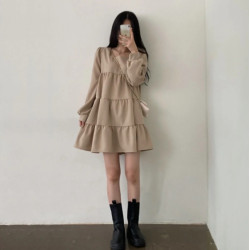 寬松小個子孕婦春秋氣質方口領娃娃森系初戀裙長袖連衣裙甜美高級