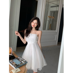 新款法式性感歐根紗吊帶連衣裙女氣質甜美小禮服收腰顯瘦A字裙潮