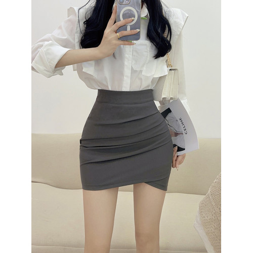 黑色包臀裙短款女春秋半身裙OL職業高腰緊身褶皺百搭不規則一步裙