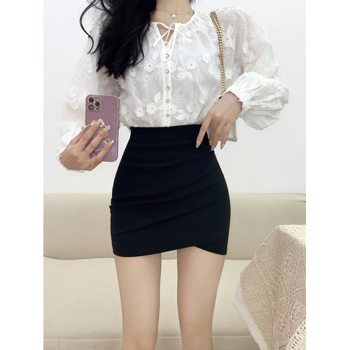 黑色包臀裙短款女春秋半身裙OL職業高腰緊身褶皺百搭不規則一步裙