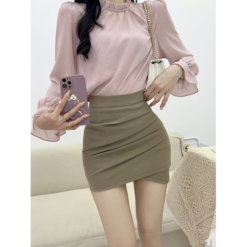 黑色包臀裙短款女春秋半身裙OL職業高腰緊身褶皺百搭不規則一步裙