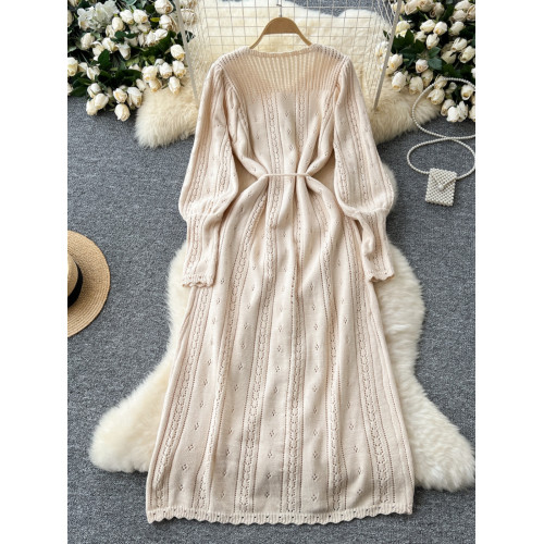 溫柔風ins針織連衣裙女秋冬甜美鏤空鉤花針織燈籠袖綁帶收腰長裙