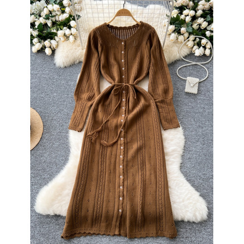 溫柔風ins針織連衣裙女秋冬甜美鏤空鉤花針織燈籠袖綁帶收腰長裙