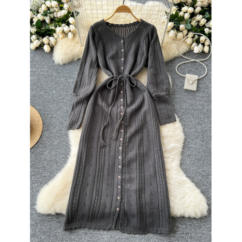 溫柔風ins針織連衣裙女秋冬甜美鏤空鉤花針織燈籠袖綁帶收腰長裙