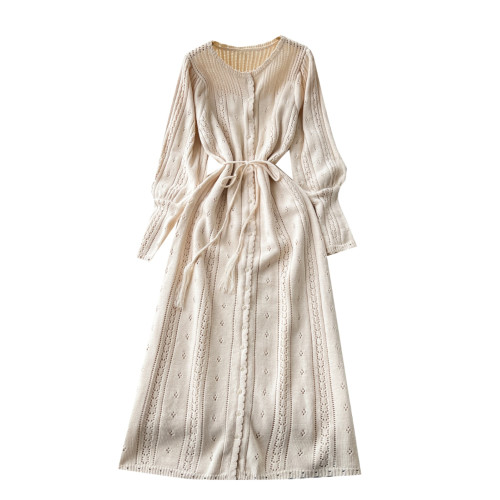 溫柔風ins針織連衣裙女秋冬甜美鏤空鉤花針織燈籠袖綁帶收腰長裙