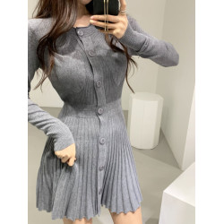 韓國chic復古網紅洋氣時尚修身顯瘦百搭毛針織打底連衣裙百褶短裙