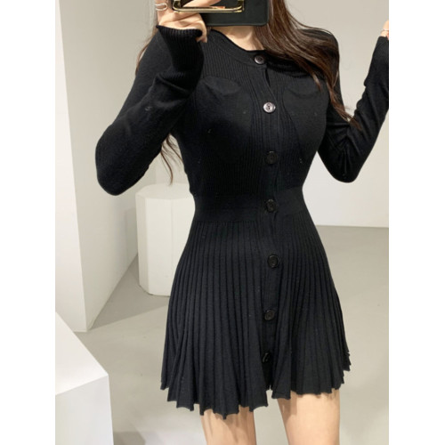 韓國chic復古網紅洋氣時尚修身顯瘦百搭毛針織打底連衣裙百褶短裙