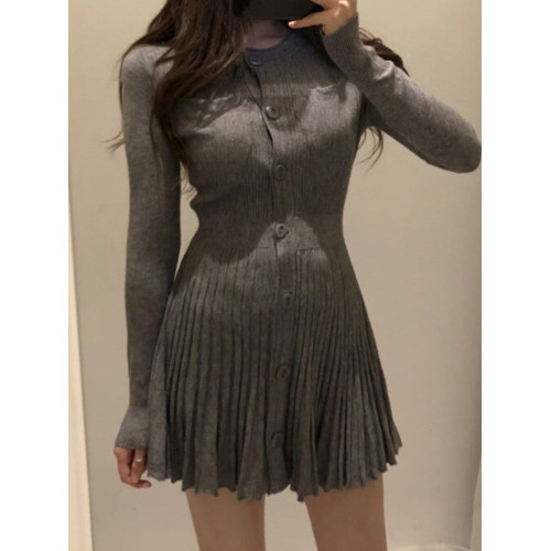 韓國chic復古網紅洋氣時尚修身顯瘦百搭毛針織打底連衣裙百褶短裙