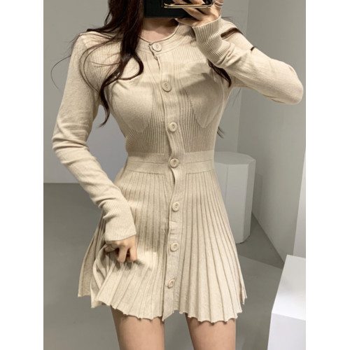 韓國chic復古網紅洋氣時尚修身顯瘦百搭毛針織打底連衣裙百褶短裙