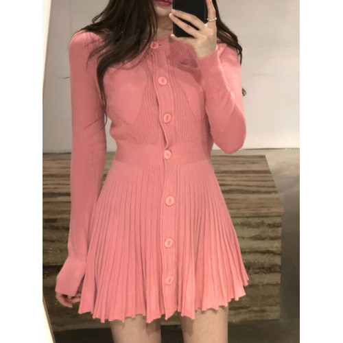 韓國chic復古網紅洋氣時尚修身顯瘦百搭毛針織打底連衣裙百褶短裙