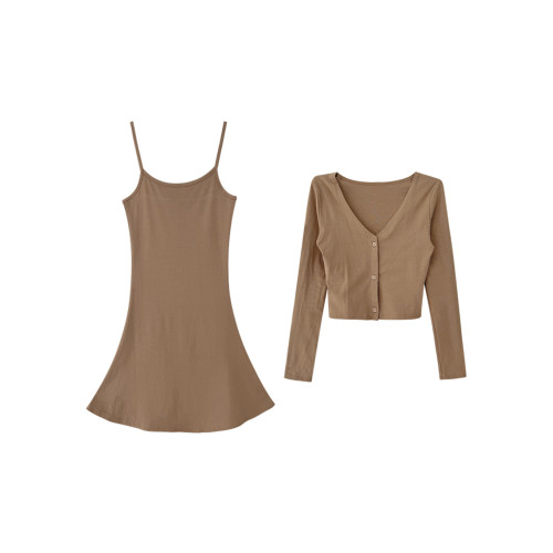 歐美性感修身短款魚尾吊帶連衣裙外搭長袖針織坎肩開衫兩件套女春