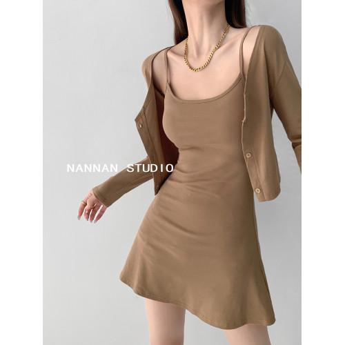 歐美性感修身短款魚尾吊帶連衣裙外搭長袖針織坎肩開衫兩件套女春