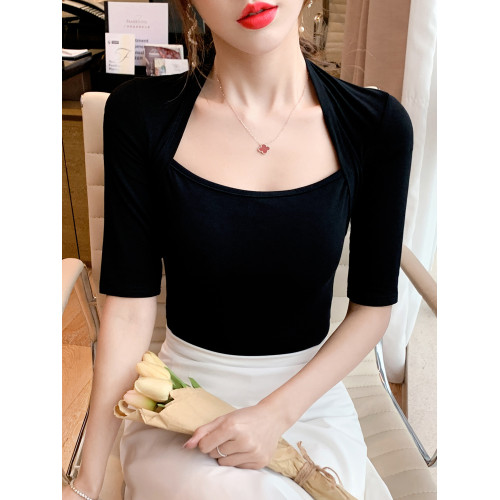 法式黑色方領上衣女夏季設計感小衆打底衫高級漏鎖骨別致修身T恤
