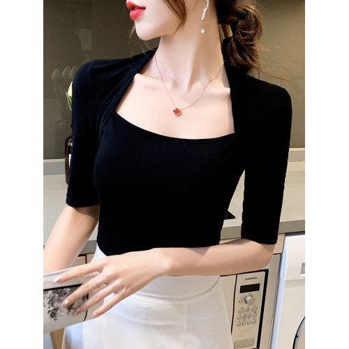 法式黑色方領上衣女夏季設計感小衆打底衫高級漏鎖骨別致修身T恤