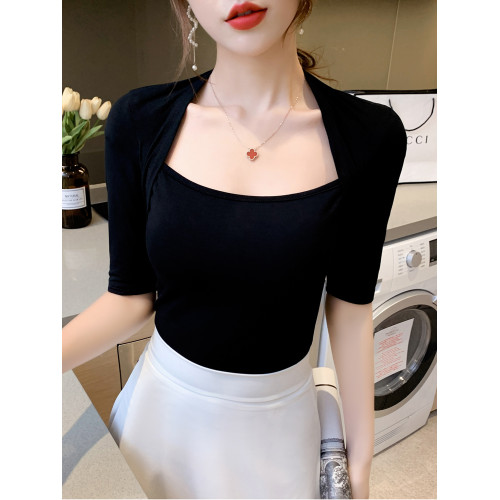 法式黑色方領上衣女夏季設計感小衆打底衫高級漏鎖骨別致修身T恤